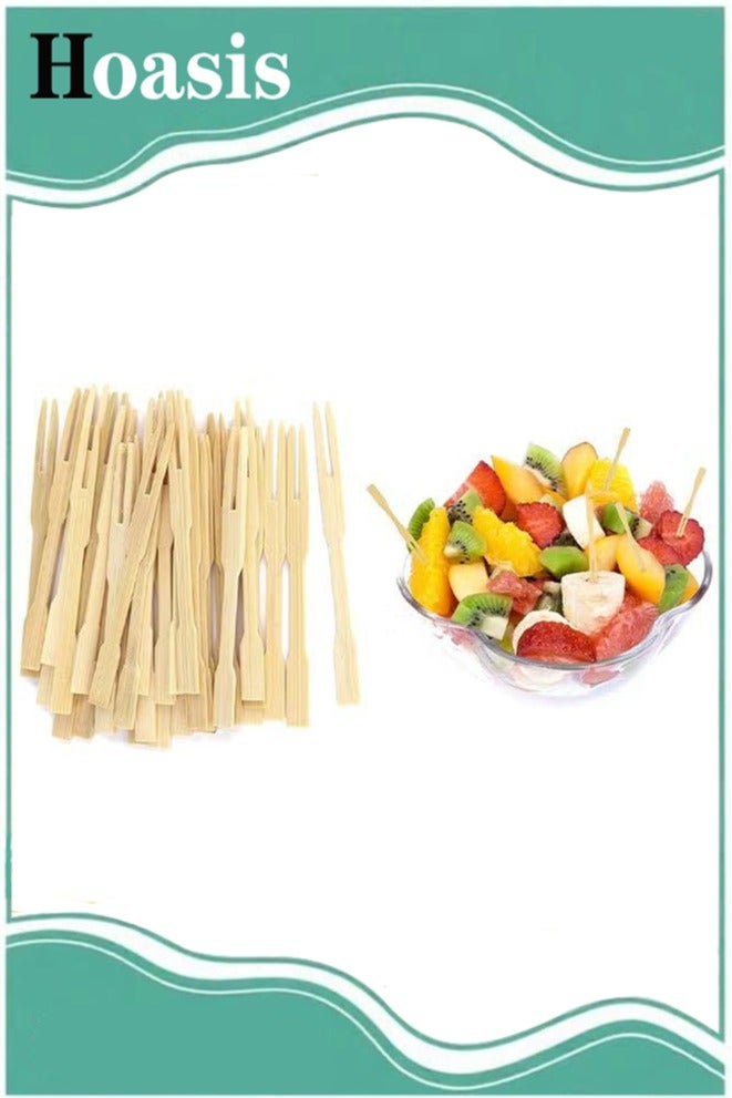 Hoasis 50PCS Bamboo Forks 9cm, Mini Food Picks for Party, Banquet, Buffet, Catering, And Daily Life. Two Prongs - Blunt End Toothpicks for Appetizer (Beige) - Image 1