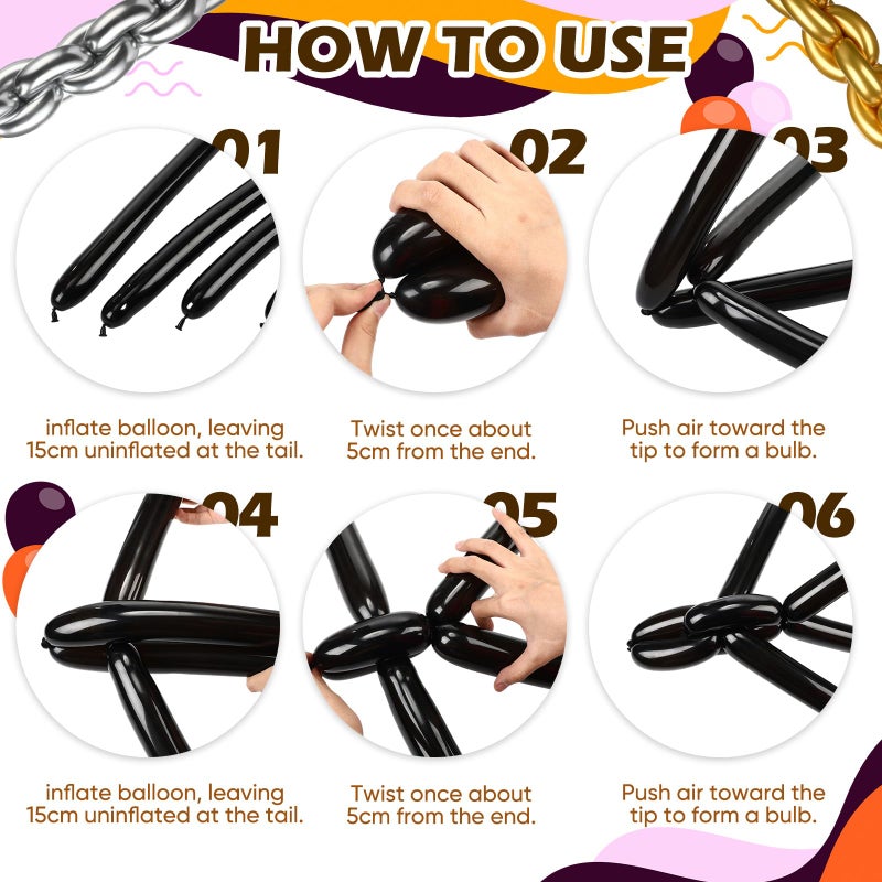 Charnoel 100pcs Long Twisting Skinny Balloons, Black Metallic Gold and Siver Long Balloons for Animal Party Decorations, Birthday, Graduation, New Years, Wedding, Engagement Party Decorations - Image 3