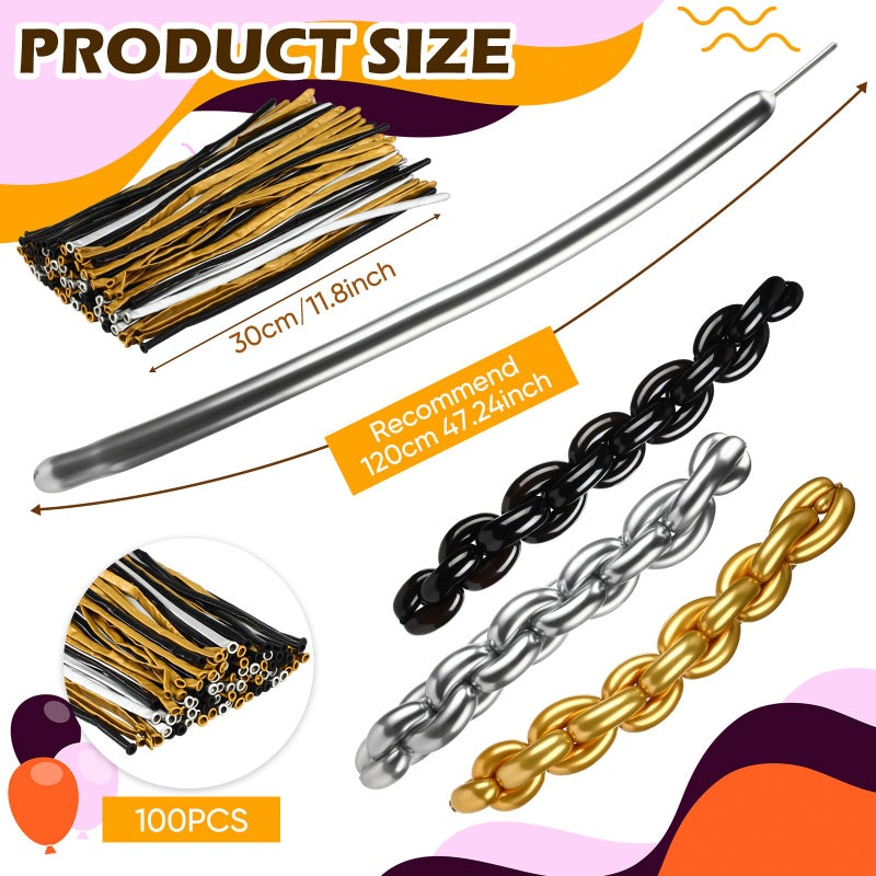 Charnoel 100pcs Long Twisting Skinny Balloons, Black Metallic Gold and Siver Long Balloons for Animal Party Decorations, Birthday, Graduation, New Years, Wedding, Engagement Party Decorations - Image 2