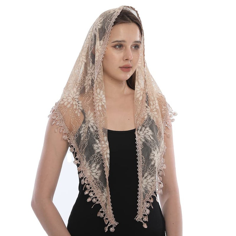 LMVERNA Mass Veils Catholic Triangle Mantilla Cathedral Head Covering Chapel Veil Lace Shawl Latin Scarf (Beige2) - Image 1