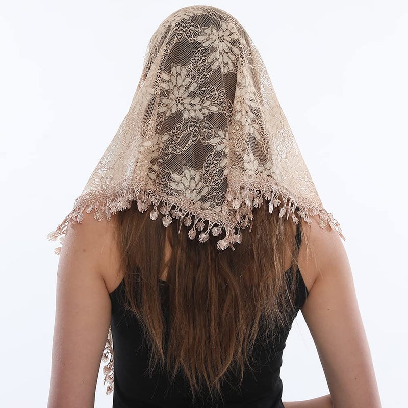 LMVERNA Mass Veils Catholic Triangle Mantilla Cathedral Head Covering Chapel Veil Lace Shawl Latin Scarf (Beige2) - Image 5