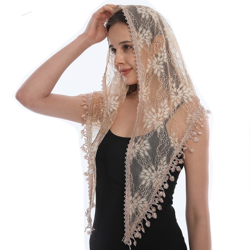 LMVERNA Mass Veils Catholic Triangle Mantilla Cathedral Head Covering Chapel Veil Lace Shawl Latin Scarf (Beige2) - Image 4