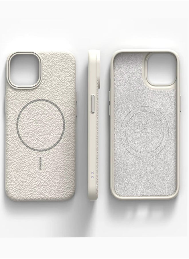 Magsafe Phone Case For iPhone 14 Pro Max With High Quality Rubber Frame And Slim Lychee Pattern Leather Case with Camera Lens Protection Shockproof Cover And support wireless Charging Leather Cover for iPhone 14 Pro Max - Beige