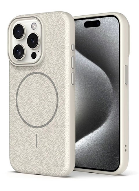Magsafe Phone Case For iPhone 14 Pro Max With High Quality Rubber Frame And Slim Lychee Pattern Leather Case with Camera Lens Protection Shockproof Cover And support wireless Charging Leather Cover for iPhone 14 Pro Max - Beige