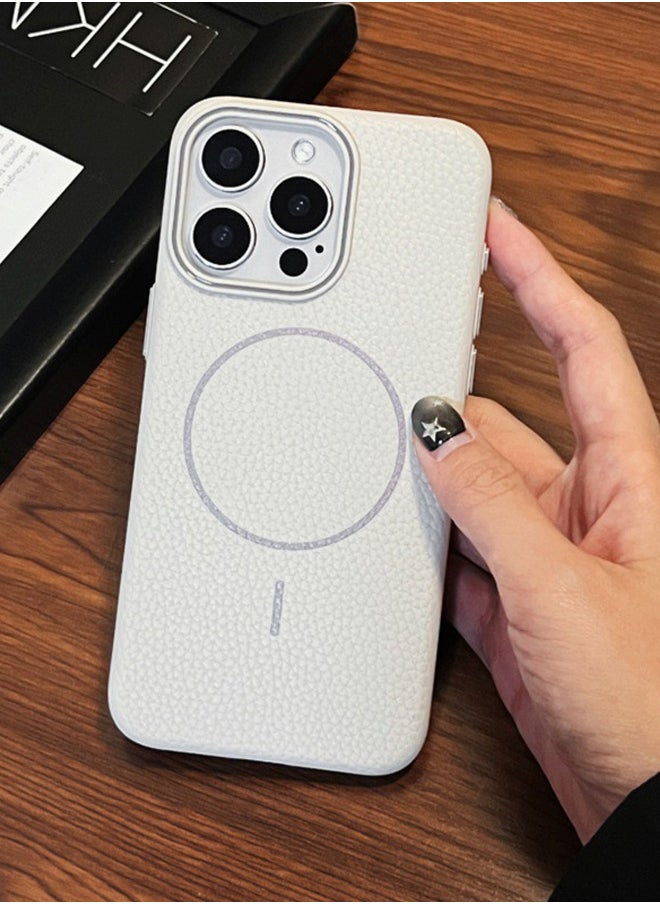 Magsafe Phone Case For iPhone 14 Pro Max With High Quality Rubber Frame And Slim Lychee Pattern Leather Case with Camera Lens Protection Shockproof Cover And support wireless Charging Leather Cover for iPhone 14 Pro Max - Beige