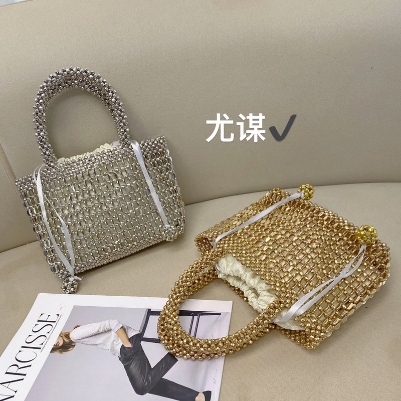 Fashionable Metal Handmade Hollow Small Square Bag Shiny Beaded Ribbon High-End Dinner Change Handbag - Image 4