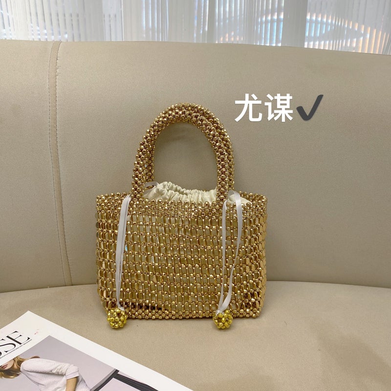 Fashionable Metal Handmade Hollow Small Square Bag Shiny Beaded Ribbon High-End Dinner Change Handbag - Image 2