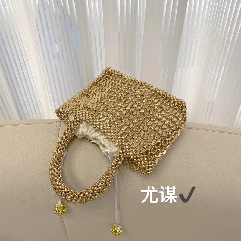 Fashionable Metal Handmade Hollow Small Square Bag Shiny Beaded Ribbon High-End Dinner Change Handbag - Image 3