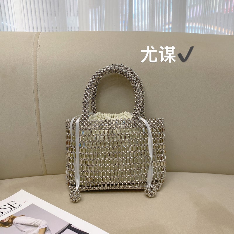 Fashionable Metal Handmade Hollow Small Square Bag Shiny Beaded Ribbon High-End Dinner Change Handbag - Image 5