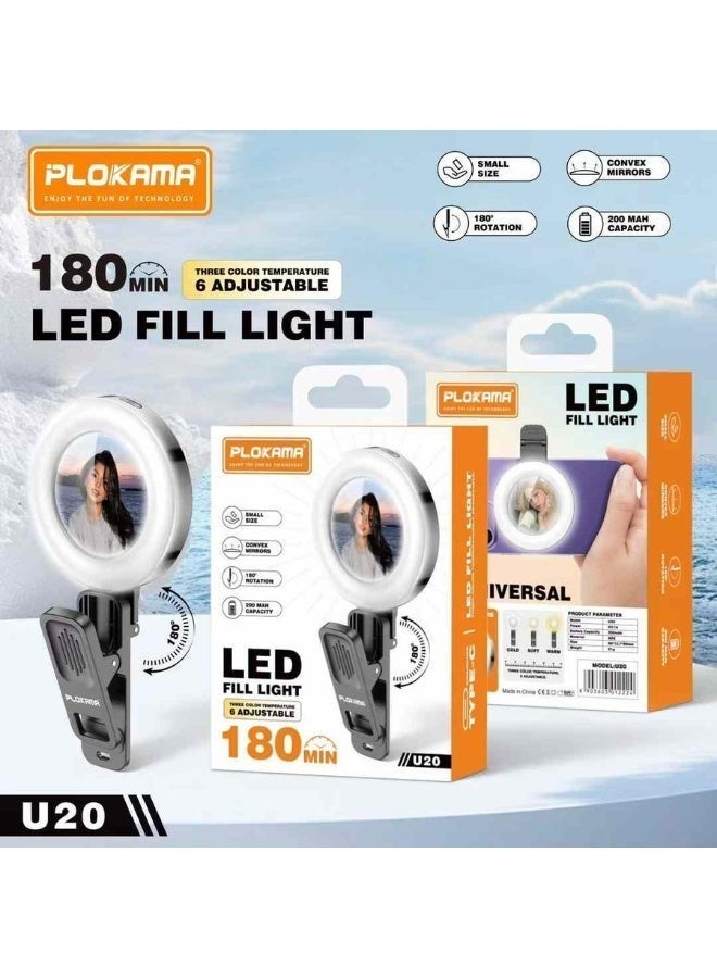PLOKAMA U20 LED Ring Flash Selfie Mirror Clip | Portable Rechargeable Clip-On Light with Built-In Mirror for Perfect Selfies, Video Calls, Makeup & Photography | Adjustable Brightness & Compact Design - Image 1