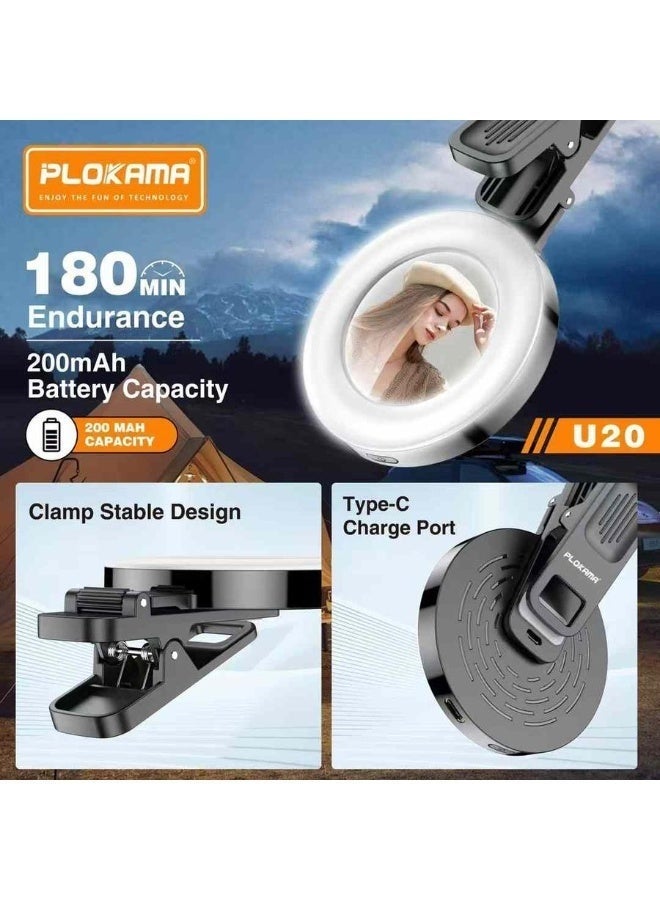 PLOKAMA U20 LED Ring Flash Selfie Mirror Clip | Portable Rechargeable Clip-On Light with Built-In Mirror for Perfect Selfies, Video Calls, Makeup & Photography | Adjustable Brightness & Compact Design - Image 5