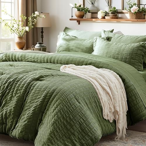 Zzlpp King Size Comforter Set 7 Pieces, Olive Green Seersucker Bed in a Bag with Sheets, All Season Bedding Sets with 1 Comforter, 2 Pillow Shams, 2 Pillowcases, 1 Flat Sheet, 1 Fitted Sheet - Image 1