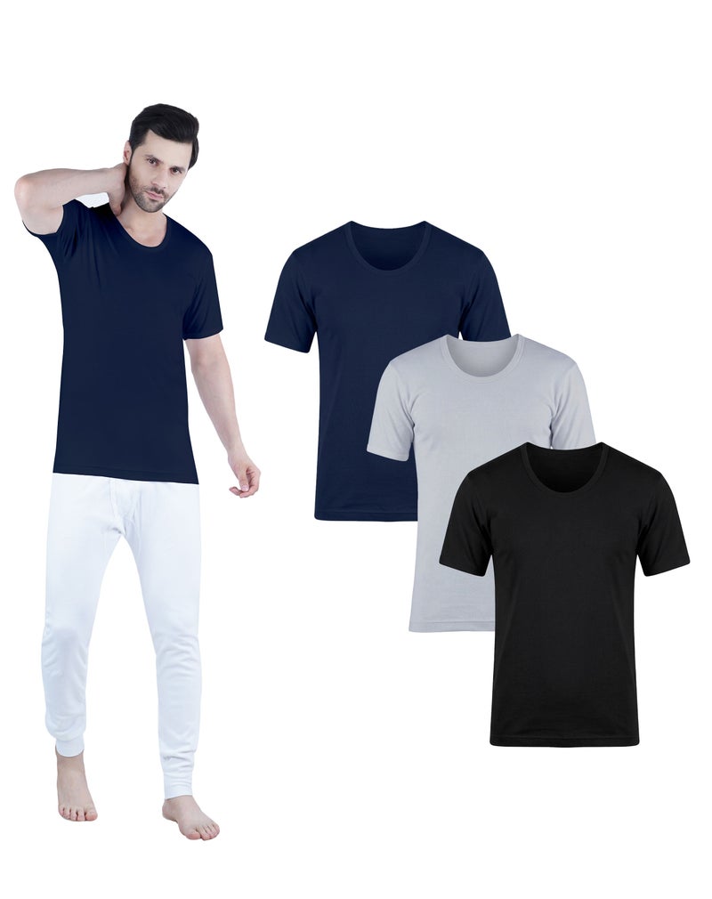 WHITE LEAF Men's U-Neck Undershirt Vest Half Sleeve 3PCS Pack – 100% Combed Cotton Breathable Comfortable Innerwear, BK/GYM/NV (WLUNSUG-05-S) - Image 1