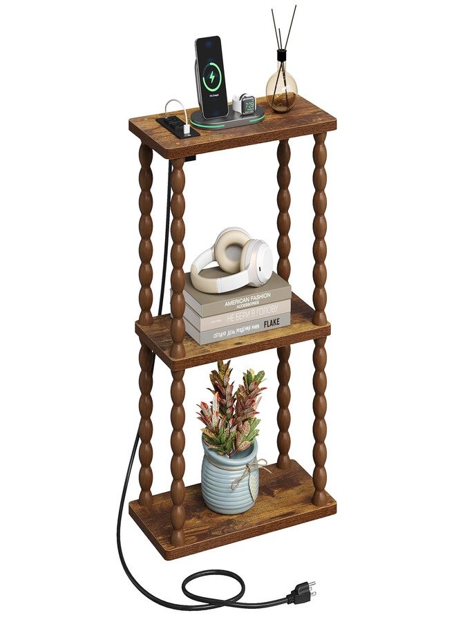 ELYKEN Side Table with Charging Station, Small End Tables Living Room with USB Port and Outlet, 3-Tier Narrow Bedside Table Nightstands for Bedroom, Rustic Brown - Image 1