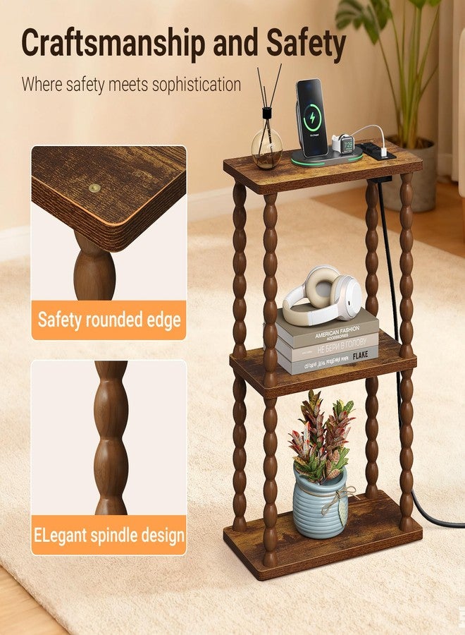 ELYKEN Side Table with Charging Station, Small End Tables Living Room with USB Port and Outlet, 3-Tier Narrow Bedside Table Nightstands for Bedroom, Rustic Brown - Image 5