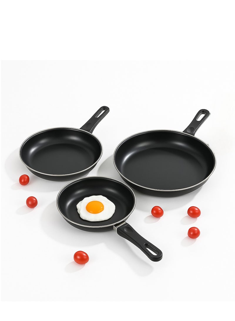 3-Piece Non-Stick Frying Pan Set – Small 20.3cm, Medium 25.3cm, Large 30.3cm – Deep Skillet Pans with Comfortable Heat-Resistant Handles – Nonstick Interior for Easy Food Release and Healthy Cooking – Durable and Scratch-Resistant Coating – Lightweight and Strong Aluminum Body – Compatible with All Heat Sources: Induction, Gas, Electric, Ceramic, Halogen – Perfect for Frying Eggs, Sauteing Vegetables, Cooking Meat, Pancakes, Stir-Fry and More – Sleek Black Finish with Elegant Silver Rim – Even Heat Distribution for Better Cooking Results – Easy to Clean, Dishwasher Safe – Great for Home, Apartment, Dorm, or Professional Kitchen Use – Stackable for Compact Storage – Ideal Gift for Housewarming, Wedding, or Kitchen Upgrade – Multipurpose Pans for Breakfast, Lunch, Dinner – Essential Nonstick Cookware Set for Everyday Use – Oven Safe Under Medium Heat – Ergonomic Handle for Firm Grip – Oil-Free Cooking for Healthier Meals – Fast Heating Surface for Time-Saving Cooking - Image 1