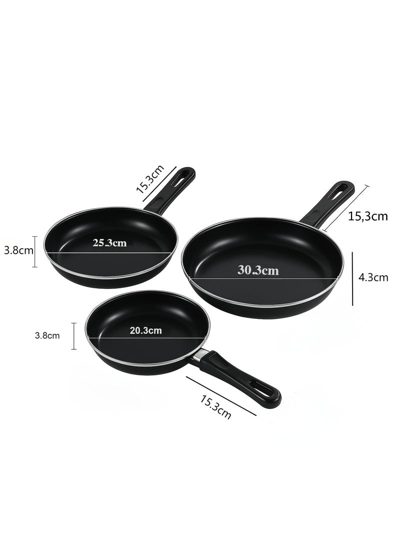 3-Piece Non-Stick Frying Pan Set – Small 20.3cm, Medium 25.3cm, Large 30.3cm – Deep Skillet Pans with Comfortable Heat-Resistant Handles – Nonstick Interior for Easy Food Release and Healthy Cooking – Durable and Scratch-Resistant Coating – Lightweight and Strong Aluminum Body – Compatible with All Heat Sources: Induction, Gas, Electric, Ceramic, Halogen – Perfect for Frying Eggs, Sauteing Vegetables, Cooking Meat, Pancakes, Stir-Fry and More – Sleek Black Finish with Elegant Silver Rim – Even Heat Distribution for Better Cooking Results – Easy to Clean, Dishwasher Safe – Great for Home, Apartment, Dorm, or Professional Kitchen Use – Stackable for Compact Storage – Ideal Gift for Housewarming, Wedding, or Kitchen Upgrade – Multipurpose Pans for Breakfast, Lunch, Dinner – Essential Nonstick Cookware Set for Everyday Use – Oven Safe Under Medium Heat – Ergonomic Handle for Firm Grip – Oil-Free Cooking for Healthier Meals – Fast Heating Surface for Time-Saving Cooking - Image 2
