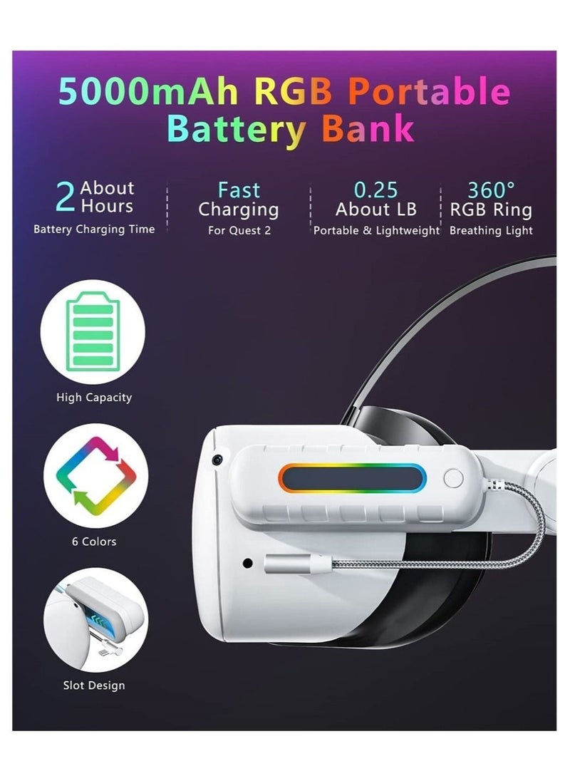 Rechargeable Battery Pack for Meta/Oculus Quest 2,RGB Light 5000mah 2, Ultra Lightweight Portable Charger Power, Extra 2-4 Hours of Playtime VR Accessories