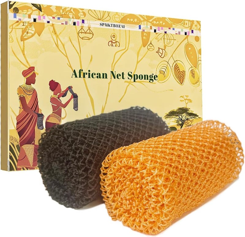 SPMKTBOZAI إسفنجة الشبكة الأفريقية الأصلية، 2 قطع إسفنجة تقشير أفريقية حقيقية مملوكة لأفارقة، إسفنجة استحمام أفريقية، فرشاة ظهر، مقشر للجسم، ملحقات استحمام (أسود، برتقالي)