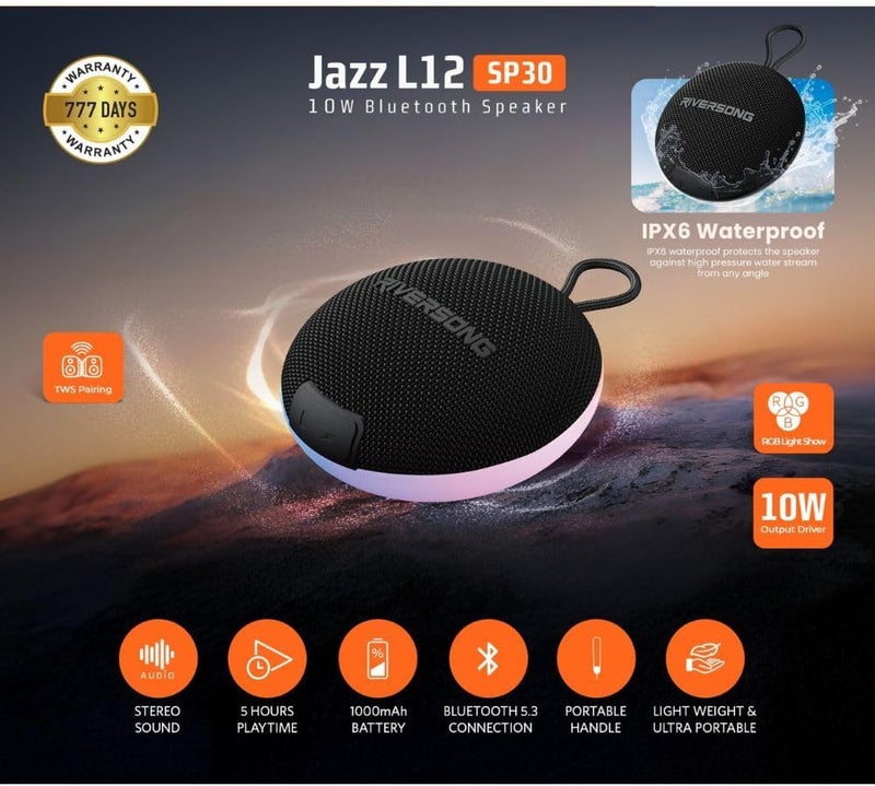 Jazz L12 Portable Bluetooth Speaker – 10W HD Stereo Sound, Super Bass, IPX6 Waterproof, RGB Light Show, TWS Pairing, 5H Playtime, Type-C Charging