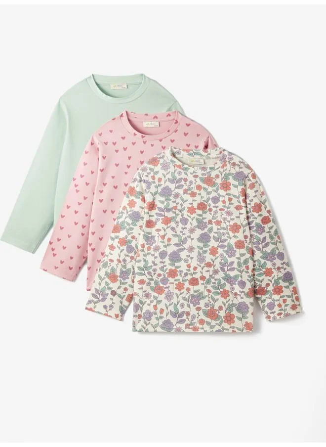 جون June Girl Child 3-Pack Long Sleeve Tshirt Ecru - Pink - Green