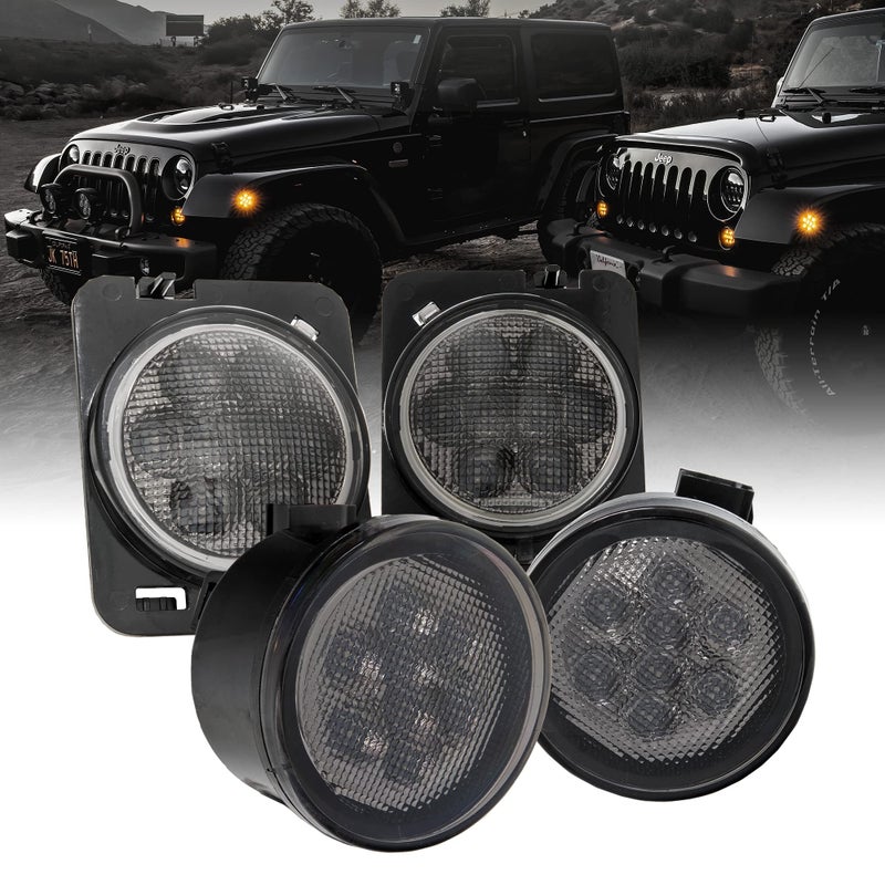 ONLINE LED STORE TRUE MODS Front LED Turn Signal & Side Marker Light Replacement for Jeep Wrangler [Smoked Lens] [Amber] LED Light Kit Compatible with 2007-2018 Jeep Wrangler JK (07-18) & Unlimited JKU Accessories - Image 1