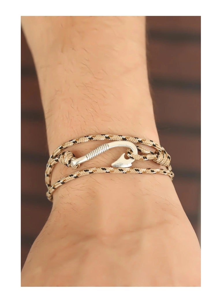 Cream Color Line Patterned Metal Hook Men's Bracelet 