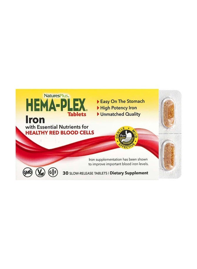 NaturesPlus HemaPlex Iron 30 SlowRelease Tablets 85 mg Chelated Iron Total Blood Health With Vitamin C Bioflavonoids Non GMO Vegetarian Gluten Free 30 Servings - Image 1