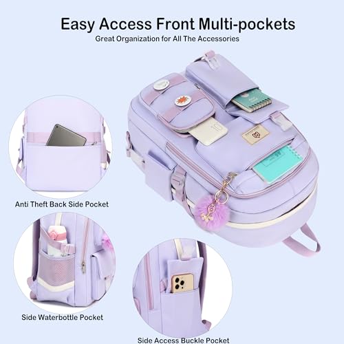 Hidds Laptop Backpacks 15.6 Inch College Backpack Elementary Middle High School Bag Large Cute Bookbags Anti Theft Travel Back Pack Casual Daypack Kids Book Bag for Teens Girls Women Students-Purple - Image 4