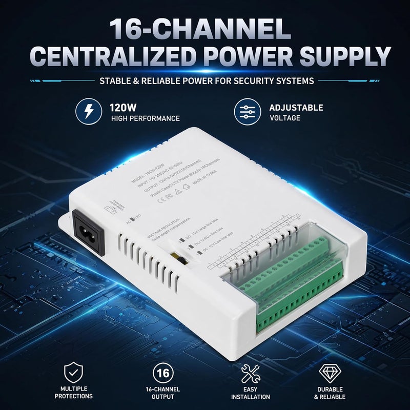 زينوكام 16 قناة كاميرا CCTV مزود طاقة توزيع الطاقة 90V-264VAC إ��خال إلى 12V-13.8-15VDC إخراج محول طاقة كاميرا أمان مع فيوز PTC (HD16C120W) - Image 3