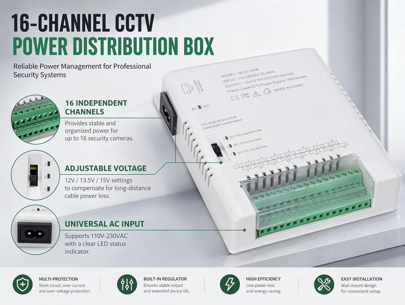 زينوكام 16 قناة كاميرا CCTV مزود طاقة توزيع الطاقة 90V-264VAC إ��خال إلى 12V-13.8-15VDC إخراج محول طاقة كاميرا أمان مع فيوز PTC (HD16C120W) - Image 4