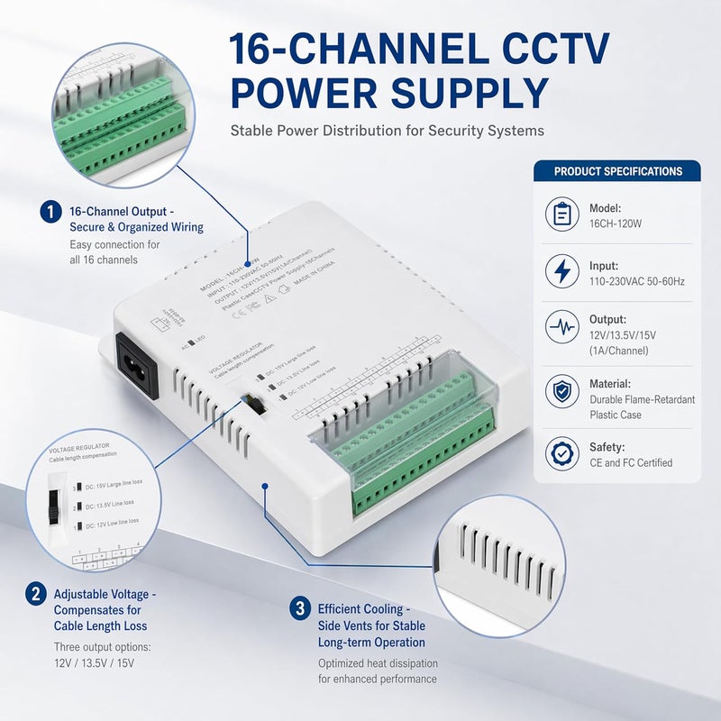زينوكام 16 قناة كاميرا CCTV مزود طاقة توزيع الطاقة 90V-264VAC إ��خال إلى 12V-13.8-15VDC إخراج محول طاقة كاميرا أمان مع فيوز PTC (HD16C120W) - Image 2
