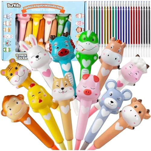 BUNMO Cute Pens Squishy Fun Pens wSoft Grip 24 Colorful Refills Gifts for Tweens Fun Pencils for Kids Zodiac Characters Gift for Teens Squishies for Kids Squishy 12 Pack - Image 1