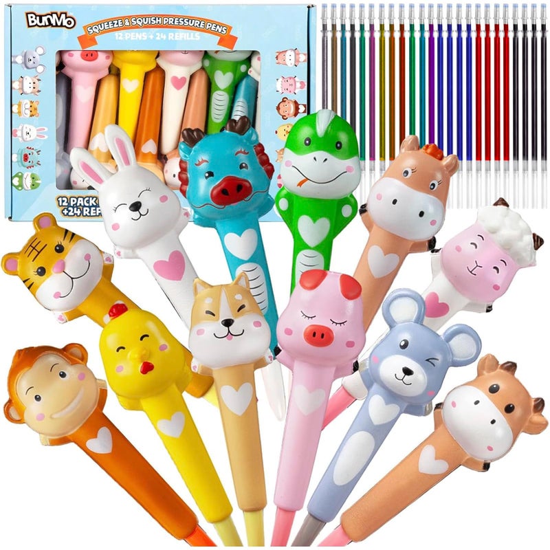 BUNMO Cute Pens Squishy Fun Pens wSoft Grip 24 Colorful Refills Gifts for Tweens Fun Pencils for Kids Zodiac Characters Gift for Teens Squishies for Kids Squishy 12 Pack - Image 2