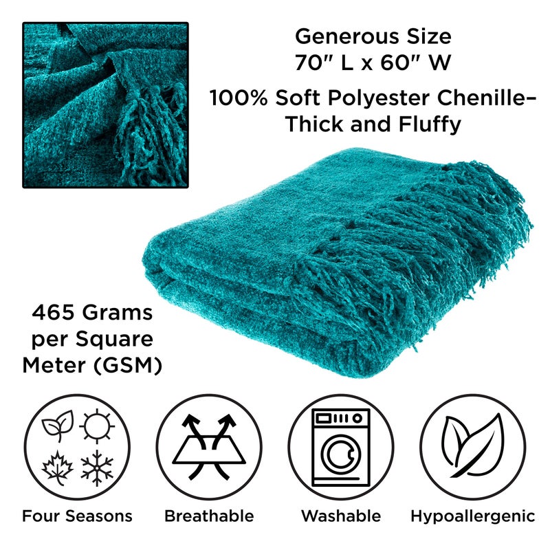 Bedford Home Chenille Throw Blanket- For Couch, Home DÃ©cor, Bed, Sofa & Chair-Oversized 60â€ x 70â€- Lightweight, 5â€ Fringe, Ultra-Soft & Shiny in Lagoon Teal by Bedford Home - Image 3