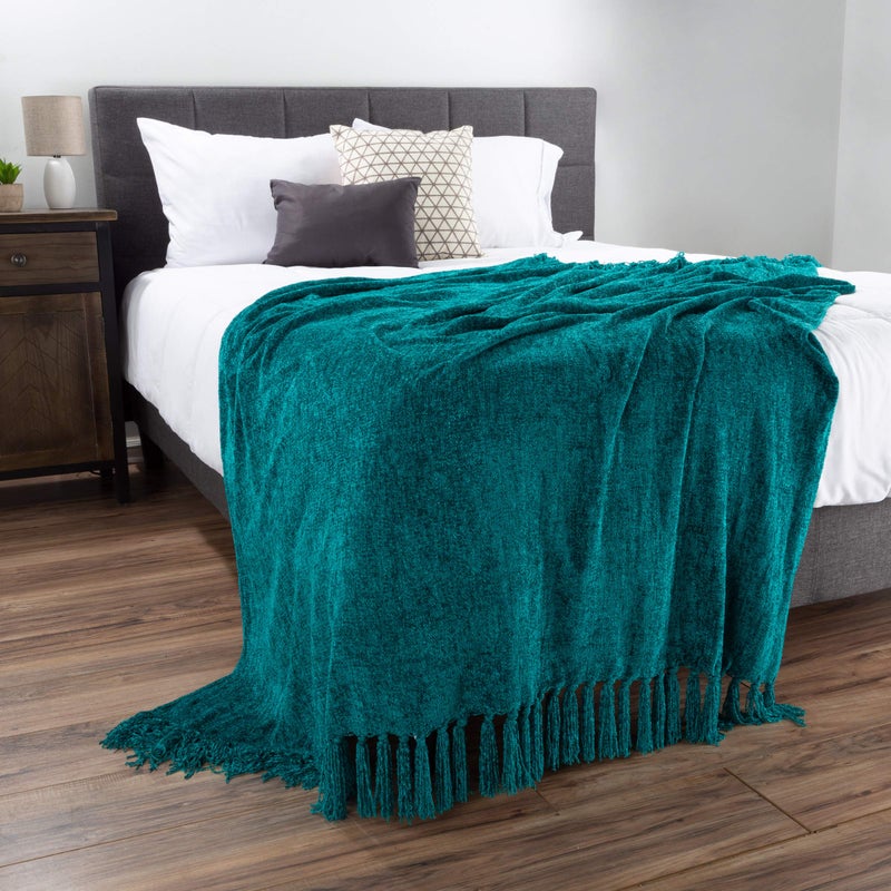 Bedford Home Chenille Throw Blanket- For Couch, Home DÃ©cor, Bed, Sofa & Chair-Oversized 60â€ x 70â€- Lightweight, 5â€ Fringe, Ultra-Soft & Shiny in Lagoon Teal by Bedford Home - Image 5