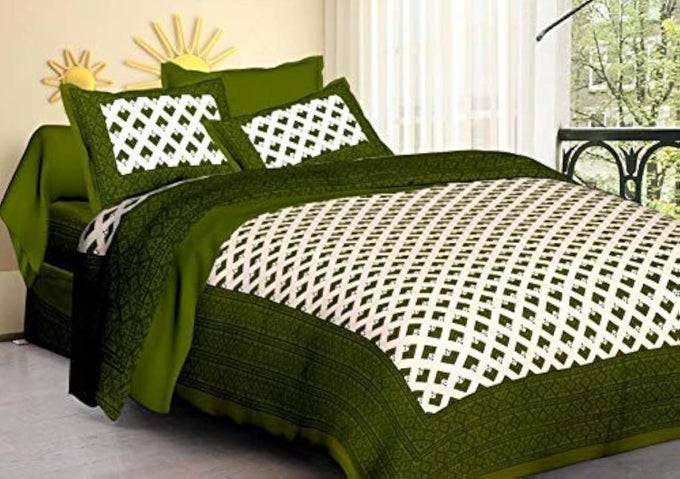 QUEEN SIZE DOUBLE BED SHEET WITH PILLOW COVERS PURE COTTON JAIPURI TRADITIONAL PRINTED BEDCOVER GREEN