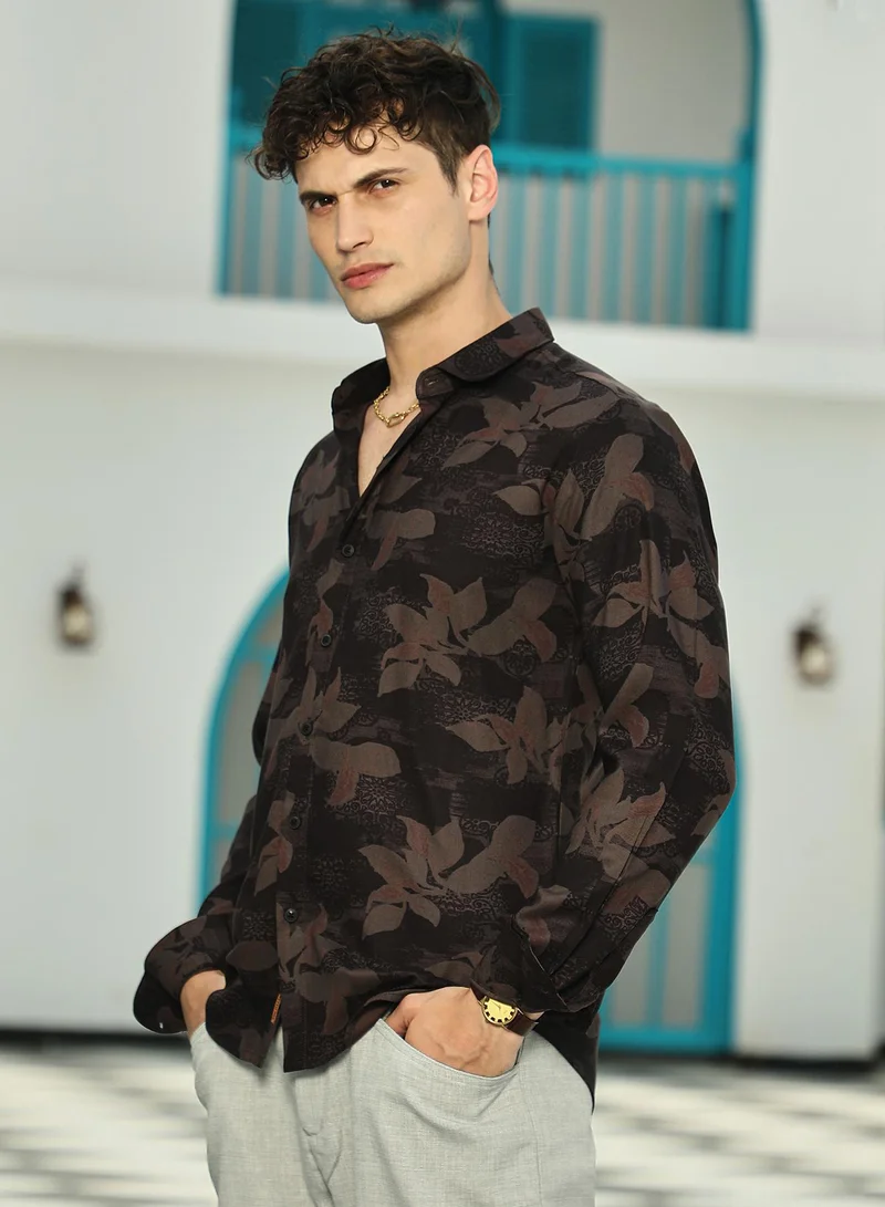 كامبوس سوترا Men's Midnight Black & Ash Brown Petalia Regular Shirt