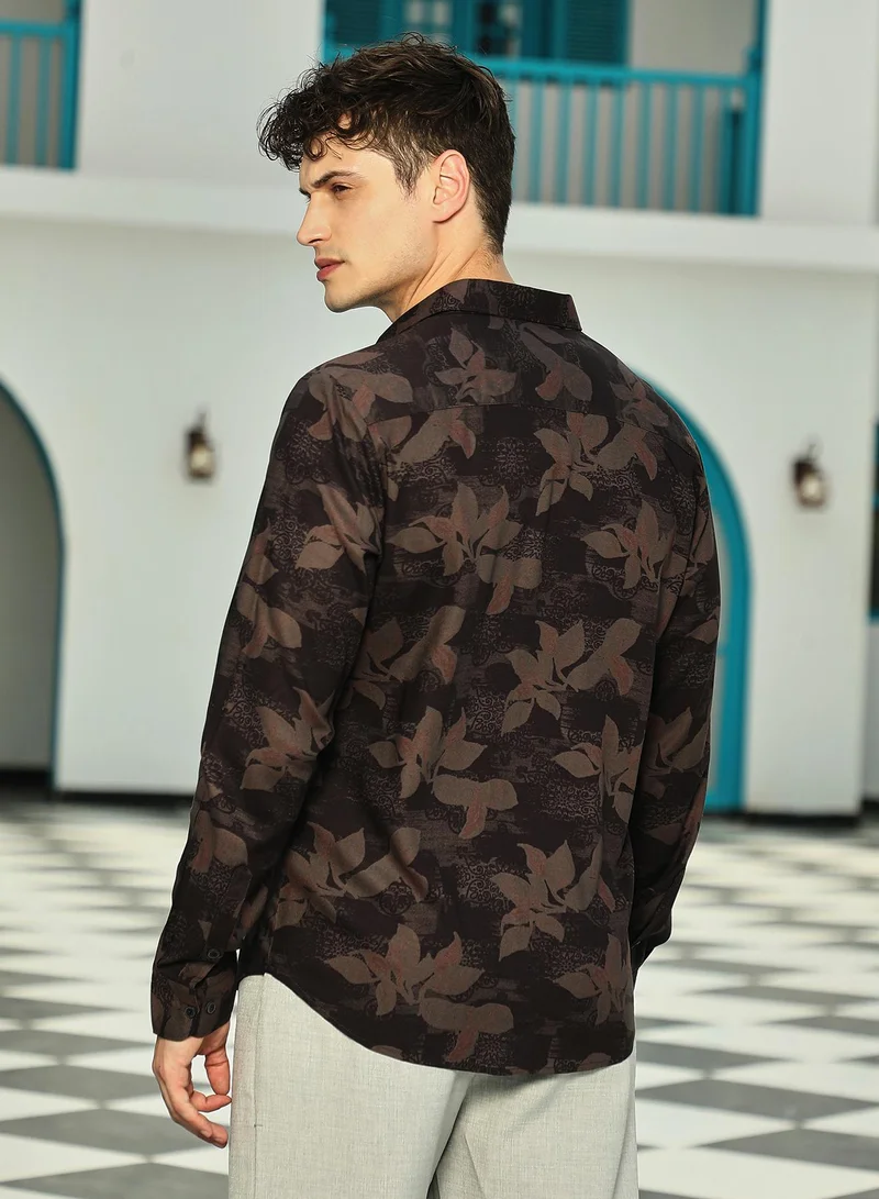 كامبوس سوترا Men's Midnight Black & Ash Brown Petalia Regular Shirt