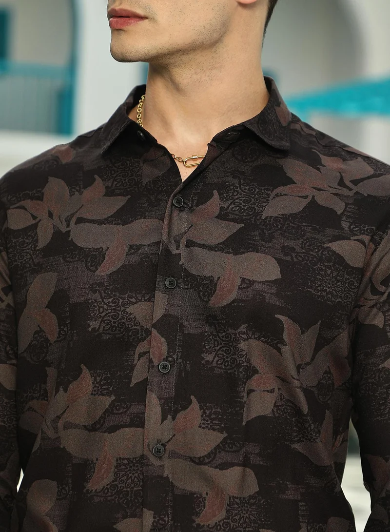 كامبوس سوترا Men's Midnight Black & Ash Brown Petalia Regular Shirt