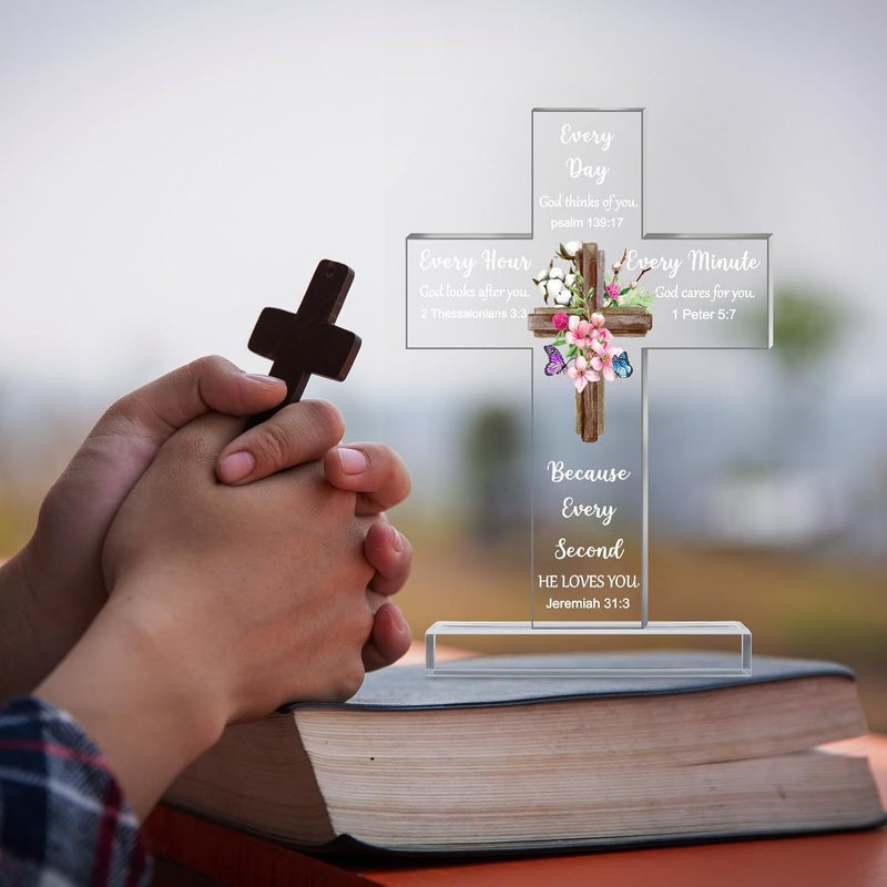 Chunful Acrylic Christian Jesus Gift for Women Men Acrylic Standing Cross Religious Inspirational Gifts with Bible Verse and Prayers Sunflower Cross for Friends Mom Wife Colleague(Fresh Style) - Image 5