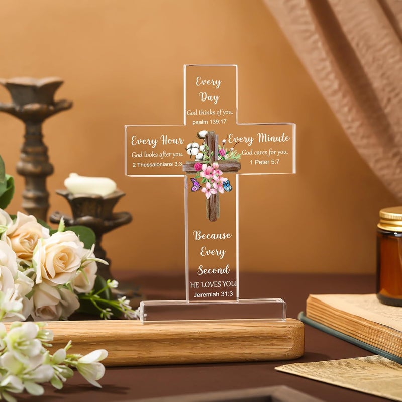 Chunful Acrylic Christian Jesus Gift for Women Men Acrylic Standing Cross Religious Inspirational Gifts with Bible Verse and Prayers Sunflower Cross for Friends Mom Wife Colleague(Fresh Style) - Image 3