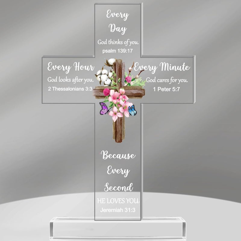 Chunful Acrylic Christian Jesus Gift for Women Men Acrylic Standing Cross Religious Inspirational Gifts with Bible Verse and Prayers Sunflower Cross for Friends Mom Wife Colleague(Fresh Style) - Image 1
