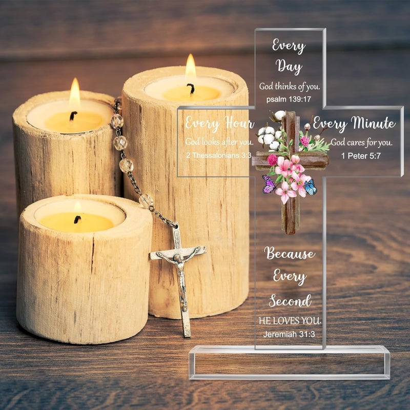 Chunful Acrylic Christian Jesus Gift for Women Men Acrylic Standing Cross Religious Inspirational Gifts with Bible Verse and Prayers Sunflower Cross for Friends Mom Wife Colleague(Fresh Style) - Image 4