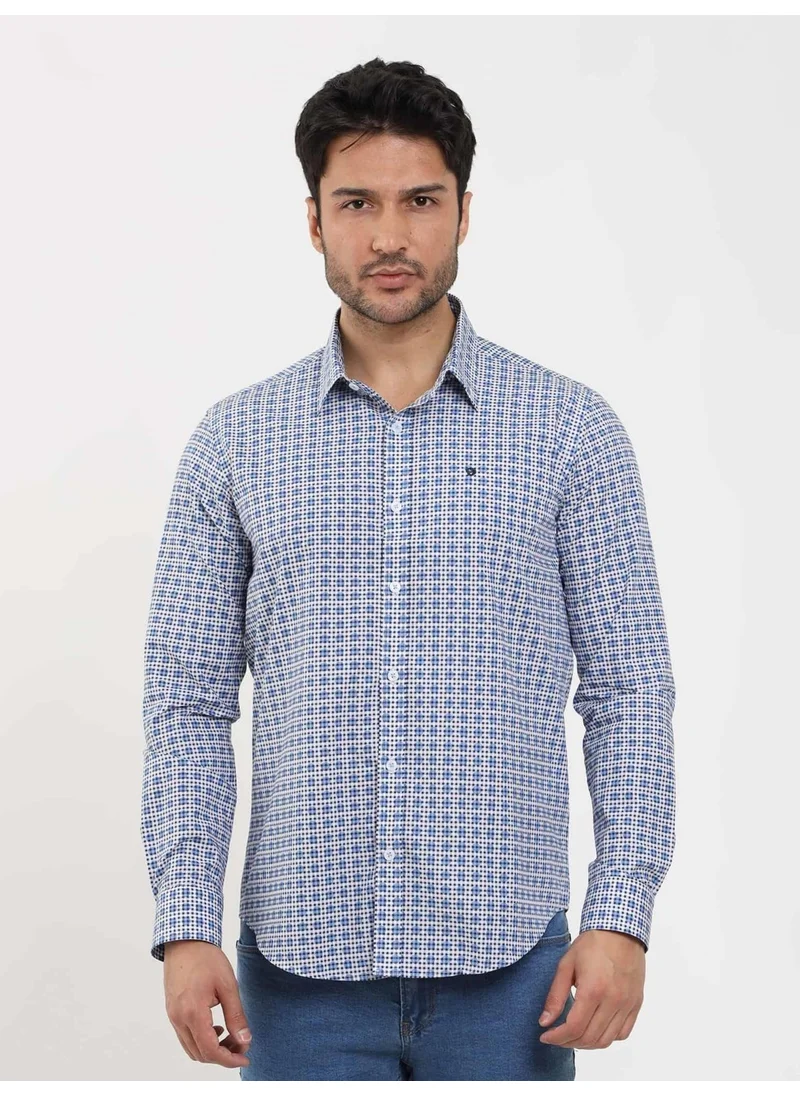 Dufy Blue Men's Slim Fit Polka Dot Brent Button Collar Long Sleeve Shirt - 104354