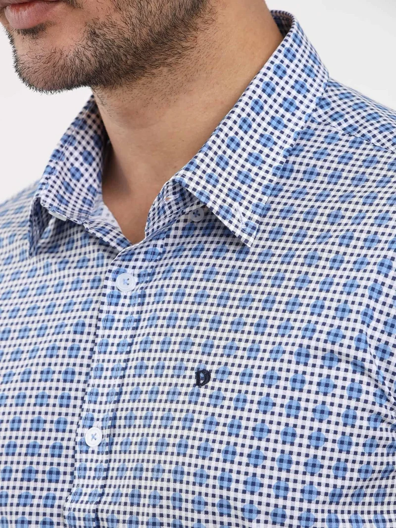 دوفي Blue Men's Slim Fit Polka Dot Brent Button Collar Long Sleeve Shirt - 104354