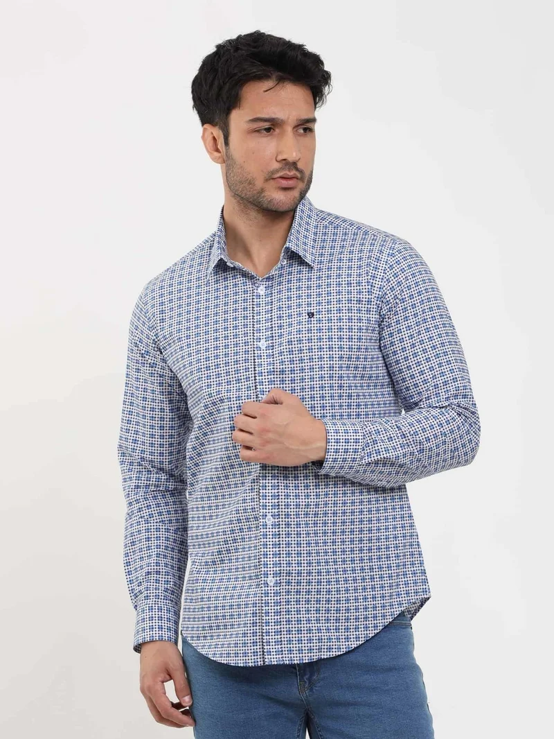 دوفي Blue Men's Slim Fit Polka Dot Brent Button Collar Long Sleeve Shirt - 104354