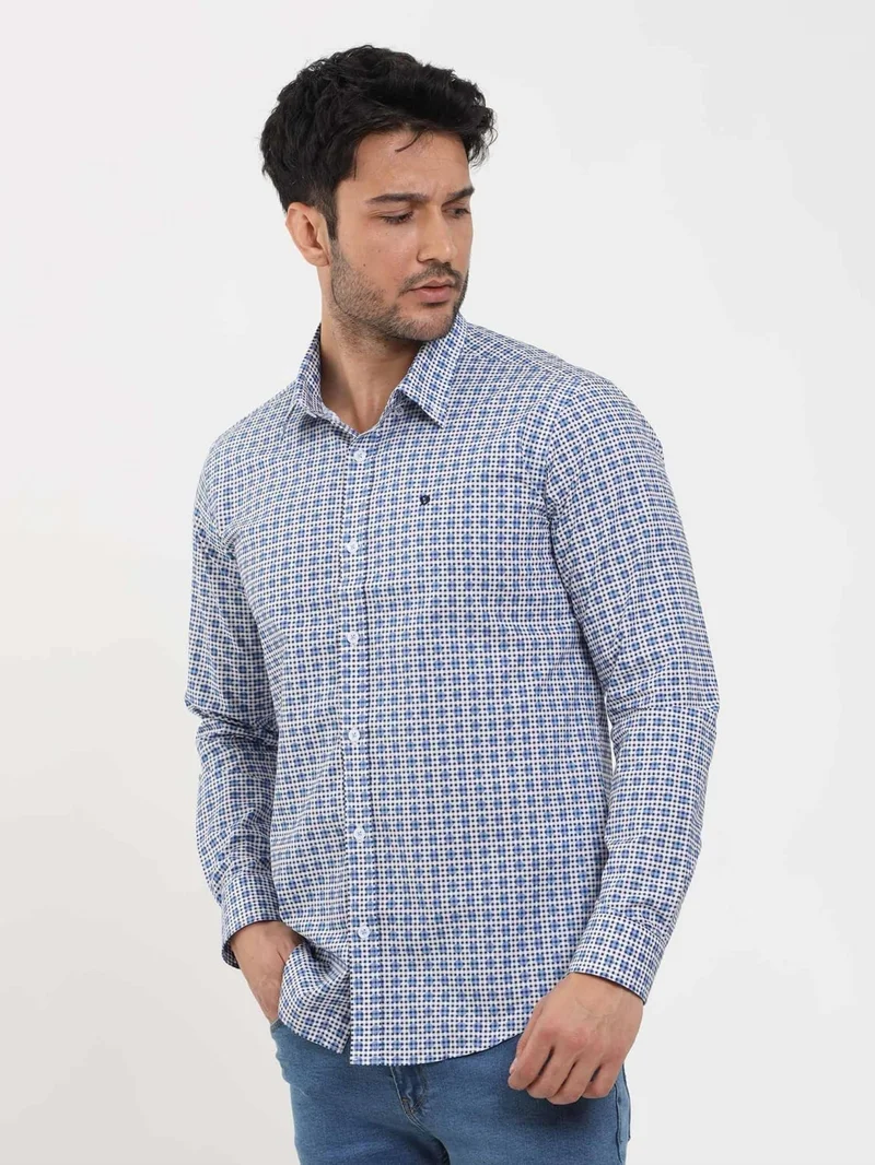دوفي Blue Men's Slim Fit Polka Dot Brent Button Collar Long Sleeve Shirt - 104354