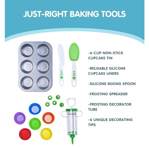 Curious Chef Kids Cookware - 16-Piece Cupcake & Decorating Kit I Real Utensils, Dishwasher Safe, BPA-Free I Non-stick Tin, Liners, Silicone Mixing Spoon, Frosting Spreader, Decorator Tube and More! - Image 3