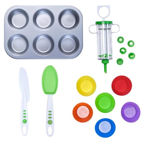 Curious Chef Kids Cookware - 16-Piece Cupcake & Decorating Kit I Real Utensils, Dishwasher Safe, BPA-Free I Non-stick Tin, Liners, Silicone Mixing Spoon, Frosting Spreader, Decorator Tube and More! - Image 1